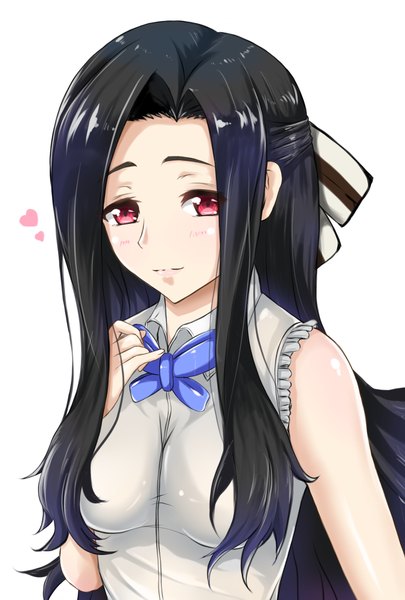 Anime picture 1181x1748 with mahouka koukou no rettousei saegusa mayumi raipen single long hair tall image looking at viewer blush fringe breasts black hair simple background smile red eyes white background bare shoulders upper body girl frills heart