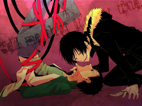 Anime picture 2000x1500 with durarara!! brains base (studio) orihara izaya ryuugamine mikado highres short hair black hair smile red eyes multiple boys red background shounen ai boy ribbon (ribbons) jacket 2 boys pants knife