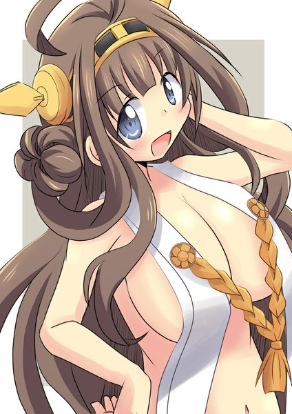 Anime picture 723x1023 with kantai collection kongou battleship naruse mahi single long hair tall image blush breasts open mouth blue eyes light erotic smile brown hair hand on hip hand on head nontraditional miko girl navel hair ornament