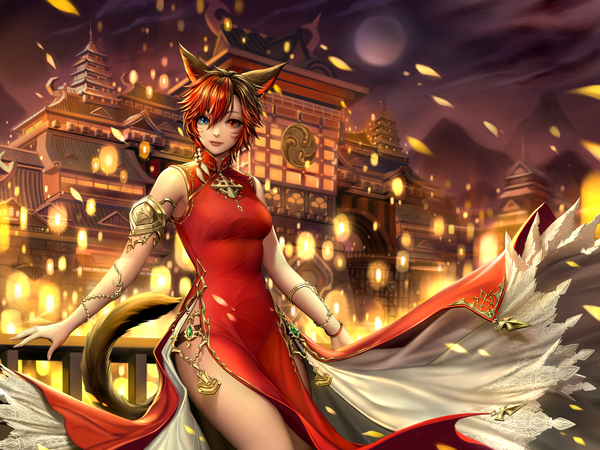 Anime picture 4608x3456 with final fantasy final fantasy xiv square enix miqo'te sammi hisame single looking at viewer fringe highres short hair breasts blue eyes light erotic black hair smile hair between eyes red eyes standing bare shoulders animal ears