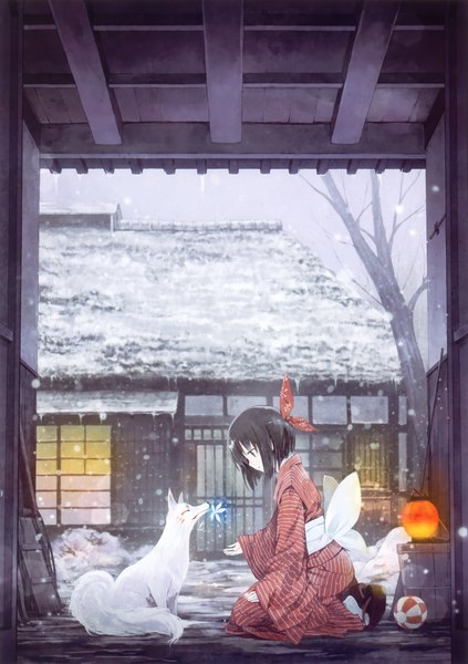 Anime picture 3243x4599 with original eshi 100-nin ten takano otohiko tall image highres short hair black hair absurdres traditional clothes japanese clothes snowing winter snow girl bow plant (plants) hair bow animal tree (trees) kimono