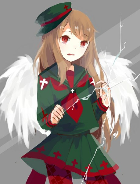 Anime picture 685x894 with haiiro teien macarona wang ren single long hair tall image fringe simple background red eyes brown hair looking away parted lips grey background tears angel wings rhombus against glass girl uniform pantyhose