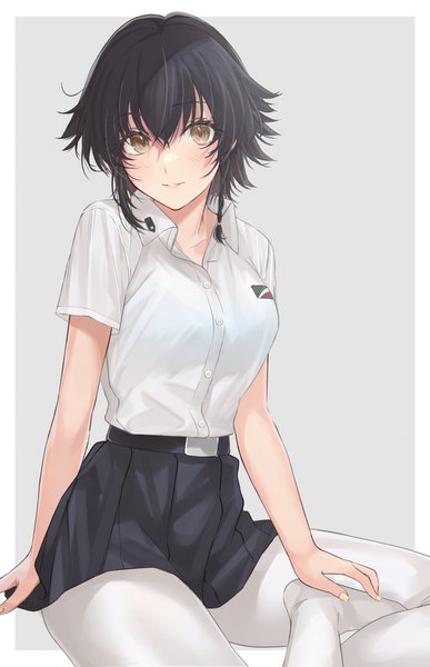 Anime picture 2640x4096 with girls und panzer pepperoni (girls und panzer) mexif single tall image looking at viewer fringe highres short hair light erotic black hair simple background hair between eyes brown eyes pleated skirt grey background short sleeves border open collar girl