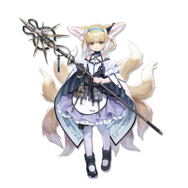 Anime-Bild 1024x1024 mit arknights suzuran (arknights) sho (sho lwlw) single looking at viewer short hair blonde hair smile green eyes animal ears full body tail animal tail official art fox ears fox tail fox girl transparent background multiple tails extra ears
