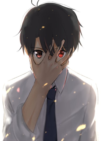 Anime picture 1000x1390 with aldnoah.zero a-1 pictures kaizuka inaho isshiki (ffmania7) single tall image looking at viewer fringe short hair black hair simple background hair between eyes red eyes white background upper body ahoge blurry covering hand on face covering face