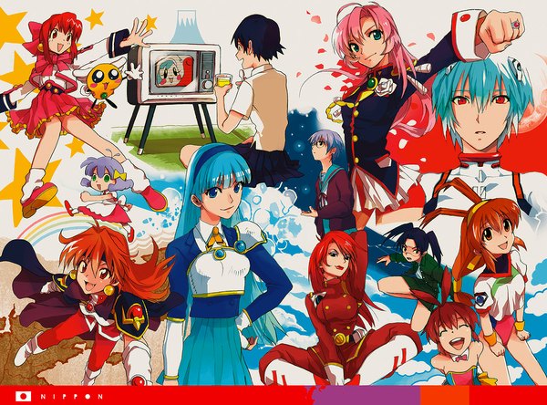 Anime picture 1075x797 with neon genesis evangelion suzumiya haruhi no yuutsu magic knight rayearth slayers revolutionary girl utena renkin san-kyuu magical pokaan toki wo kakeru shoujo fushigi no umi no nadia dennou coil battle athletes oh! super milk chan alice detective bureau akihabara dennou gumi kyoto animation j.c. staff gainax madhouse clamp ayanami rei nagato yuki