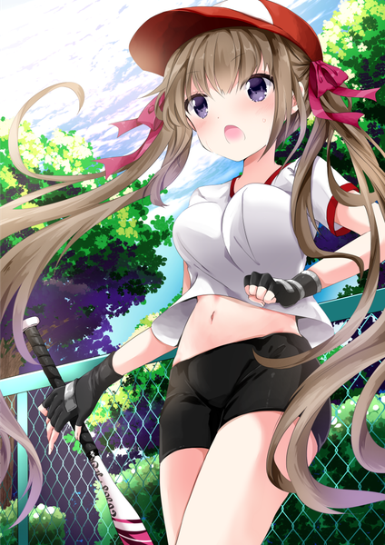 Anime picture 800x1132 with original nanase nao single long hair tall image blush fringe breasts open mouth light erotic hair between eyes brown hair large breasts standing twintails purple eyes holding payot looking away sky