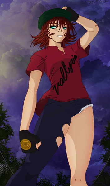 Anime picture 1024x1734 with history's strongest disciple kenichi valkyrie (kenichi) hikari--no--yami single tall image short hair smile green eyes cloud (clouds) red hair night sky coloring girl plant (plants) tree (trees) fingerless gloves cap fist jeans torn jeans