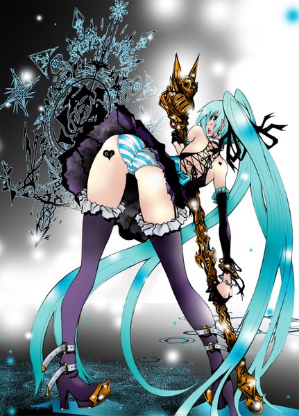 Anime picture 1127x1567 with vocaloid hatsune miku gunsonicrevolver single long hair tall image open mouth light erotic twintails ass looking back aqua eyes from behind aqua hair back girl thighhighs underwear panties ribbon (ribbons)