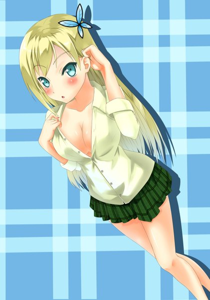 Anime picture 1228x1748 with boku wa tomodachi ga sukunai kashiwazaki sena uke (artist) single long hair tall image looking at viewer blush breasts blue eyes light erotic blonde hair large breasts cleavage girl uniform hair ornament school uniform miniskirt shirt