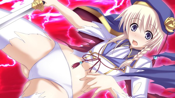 Anime picture 1280x720 with sangoku hime unicorn-a short hair blue eyes light erotic wide image game cg white hair torn clothes girl underwear panties weapon sword