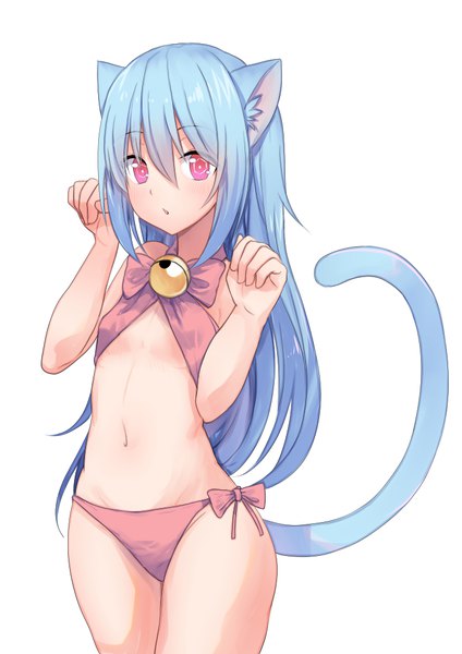 Anime picture 729x1032 with tensei shitara slime datta ken 8bit rimuru tempest aisu (icicleshot) single long hair tall image looking at viewer fringe open mouth light erotic simple background hair between eyes red eyes standing white background animal ears blue hair tail animal tail