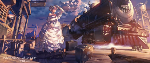 Anime picture 1800x756 with original pindleskin highres short hair blue eyes wide image standing signed looking away silver hair full body outdoors text shaded face english steam hat removed salute girl dress