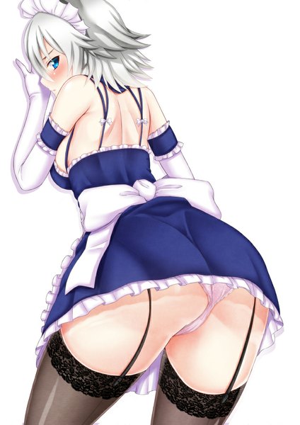 Anime picture 707x1000 with touhou izayoi sakuya ebi 193 tall image blush short hair blue eyes light erotic simple background white background silver hair ass profile maid girl thighhighs gloves underwear panties black thighhighs