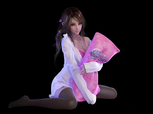 Anime picture 1014x761 with znz (artist) single long hair looking at viewer breasts light erotic simple background brown hair sitting head tilt fingernails light smile lips realistic off shoulder no shoes lipstick black background wariza eyeshadow