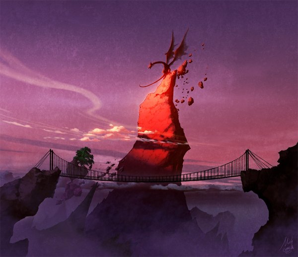 Anime picture 900x777 with original mocha (cotton) signed sky cloud (clouds) mountain fantasy rock fog plant (plants) tree (trees) dragon stone (stones) bridge