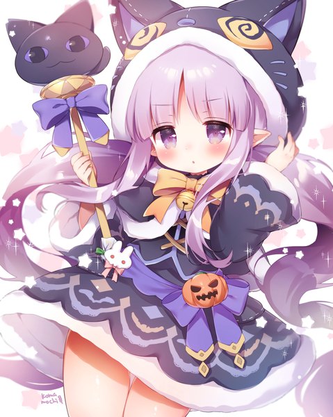 Anime picture 1772x2221 with princess connect! kyouka (princess connect!) momozu komamochi single tall image blush highres light erotic purple eyes twintails signed purple hair very long hair pointy ears low twintails halloween lolicon girl hood halloween costume