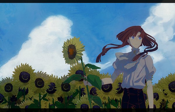 Anime picture 1049x675 with samonya single fringe short hair blue eyes payot looking away sky cloud (clouds) red hair wind letterboxed girl sunflower