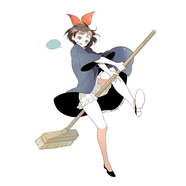 Anime picture 800x800 with kiki's delivery service studio ghibli kiki eyokiki single short hair open mouth light erotic simple background brown hair white background full body grey eyes copyright name tears looking down leg lift (legs lift) broom riding girl dress