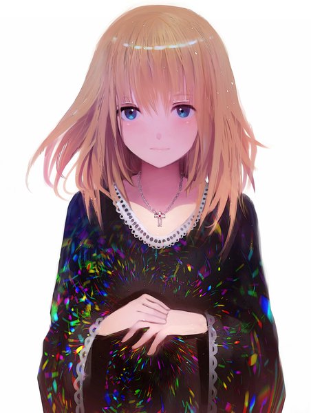 Anime picture 3088x4093 with original tarbo (exxxpiation) single long hair tall image looking at viewer blush fringe highres blue eyes simple background blonde hair hair between eyes white background absurdres upper body wide sleeves floating hair girl cross