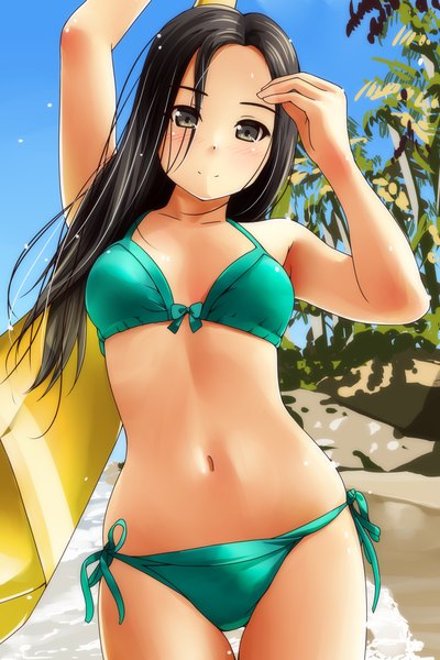 Anime picture 800x1200 with original matsunaga kouyou single long hair tall image looking at viewer blush light erotic black hair outdoors arm up black eyes beach thigh gap girl navel swimsuit bikini side-tie bikini towel