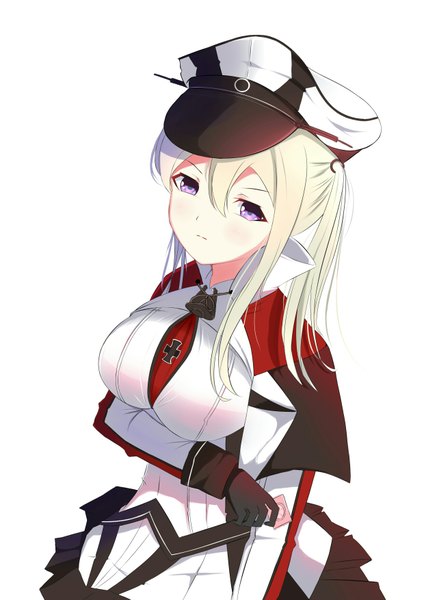 Anime picture 1240x1754 with kantai collection graf zeppelin (kantai collection) core (pixiv 7125871) single long hair tall image fringe breasts light erotic simple background blonde hair large breasts standing white background purple eyes twintails holding looking away head tilt looking down