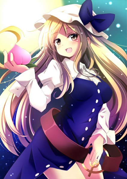 Anime picture 566x800 with touhou watatsuki no toyohime sui. (ayase) single long hair tall image blush open mouth blonde hair smile yellow eyes :d girl dress moon bonnet full moon fruit peach