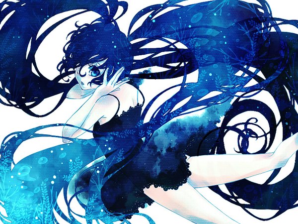 Anime-Bild 800x600 mit vocaloid hatsune miku dcba single looking at viewer fringe blue eyes simple background white background twintails bare shoulders blue hair bent knee (knees) very long hair parted lips looking back hair over one eye arms up bare legs floating hair