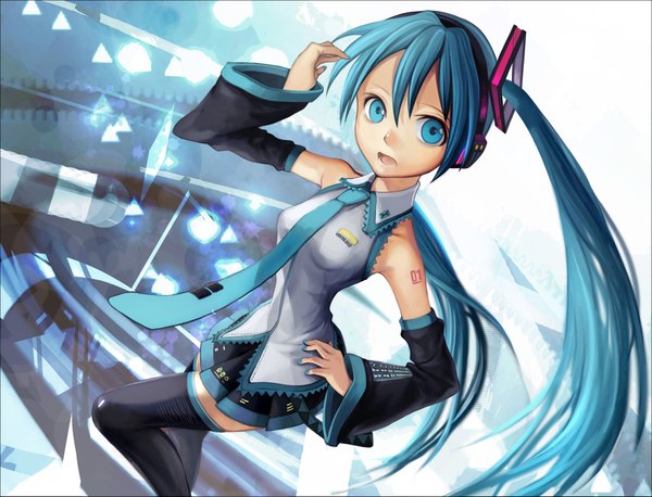 イラスト 2000x1529 と ボーカロイド 初音ミク ダッチ kari kenji ソロ 長髪 赤面 highres 開いた口 ツインテール 肩出し aqua eyes aqua hair wide sleeves dutch angle 絶対領域 angry 女の子 ストッキング スカート