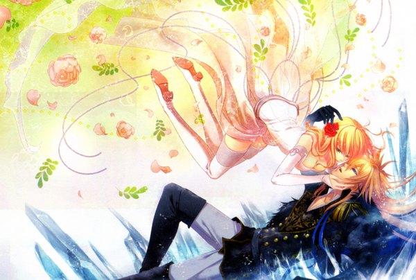 Anime picture 3247x2188 with beast master and prince (game) idea factory tiana (beast master and prince) matheus long hair highres open mouth blonde hair purple eyes holding green eyes absurdres cleavage lying braid (braids) hair flower orange hair couple hug reclining