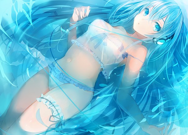 Anime picture 1000x718 with original tlla (artist) single looking at viewer fringe light erotic hair between eyes bare shoulders very long hair aqua eyes from above aqua hair bare belly girl navel bow frills headphones transparent clothing garter (garters)