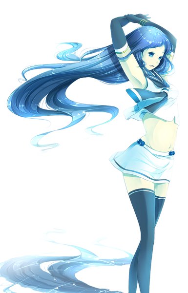 Anime picture 540x840 with kantai collection samidare destroyer kito koruta single long hair tall image looking at viewer open mouth blue eyes standing bare shoulders blue hair sunlight arms up bare belly shadow girl thighhighs skirt gloves