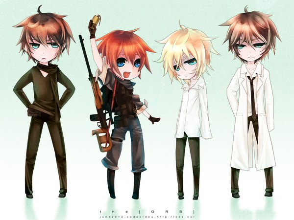 Anime picture 1000x750 with original oze short hair open mouth blue eyes blonde hair smile brown hair standing green eyes red hair aqua eyes inscription green background boy gloves weapon shirt necktie scarf