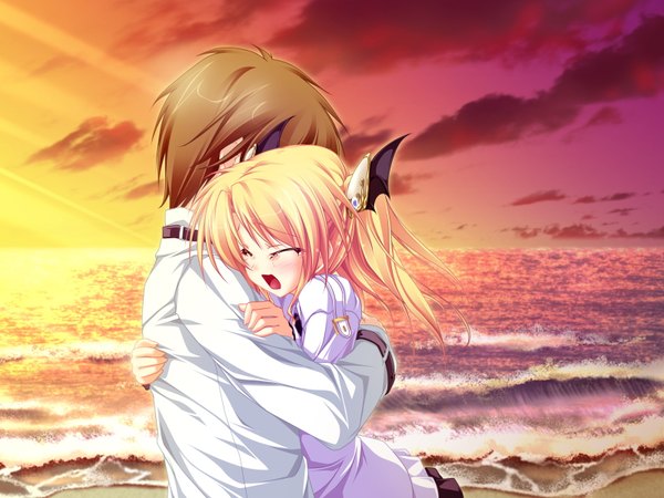 Anime picture 1600x1200 with magus tale whirlpool (studio) nina geminis amagase daiki tenmaso blush short hair open mouth blonde hair brown hair twintails game cg sky hug tears evening short twintails sunset crying girl