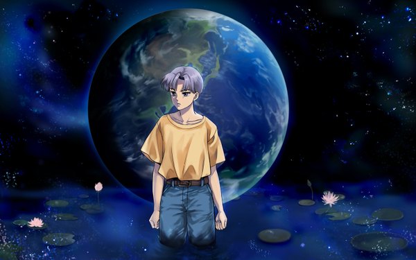 Anime picture 1417x886 with please save my earth production i.g ring (please save my earth) luipin (artist) wide image purple hair night space boy water star (stars) planet