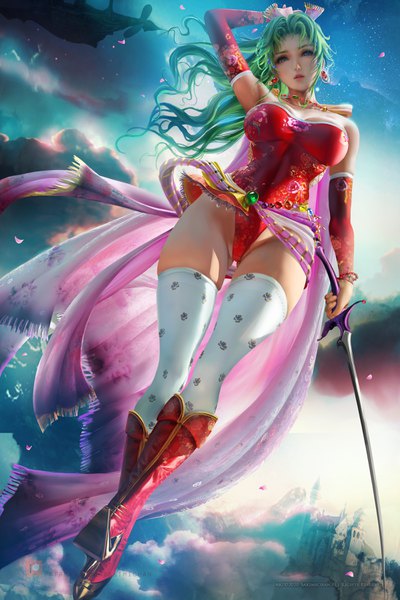 Anime picture 2400x3600 with final fantasy final fantasy vi square enix tina branford sakimichan single long hair tall image looking at viewer highres breasts light erotic large breasts holding signed cloud (clouds) full body outdoors arm up green hair