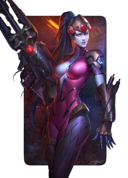 Anime picture 1000x1389 with overwatch blizzard entertainment widowmaker (overwatch) nudtawut thongmai single long hair tall image looking at viewer breasts light erotic black hair standing yellow eyes cleavage ponytail lips realistic blue skin girl weapon