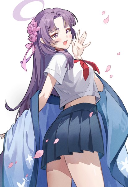 Anime picture 854x1240 with blue archive yukari (blue archive) hoshiko (419401x) single long hair tall image open mouth simple background white background purple eyes looking away purple hair :d pleated skirt hair flower fang (fangs) waving girl skirt uniform
