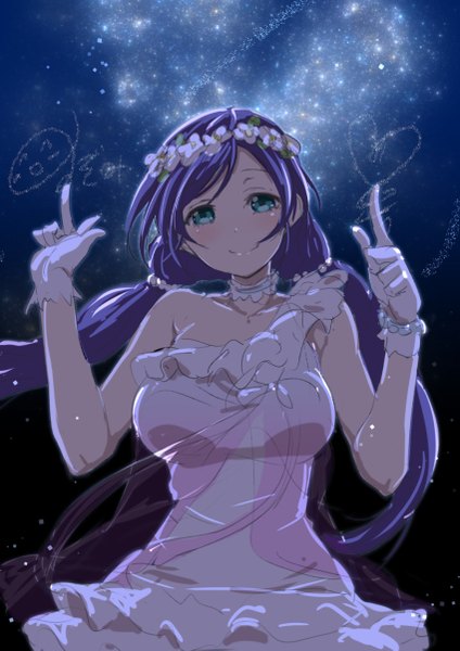 Anime picture 850x1203 with love live! school idol project sunrise (studio) love live! toujou nozomi clearite single long hair tall image blush twintails green eyes signed purple hair hair flower light smile night night sky low twintails frilly skirt signature