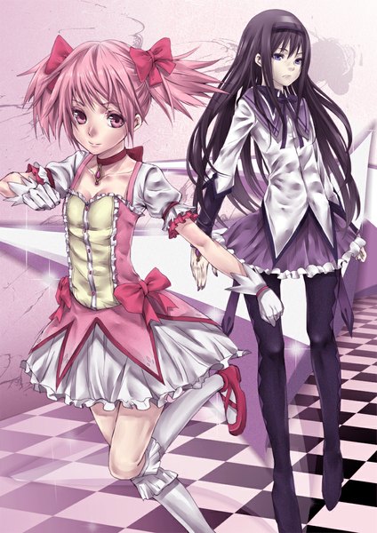 Anime picture 800x1131 with mahou shoujo madoka magica shaft (studio) akemi homura kaname madoka applekun long hair tall image looking at viewer short hair black hair purple eyes multiple girls looking away pink hair nail polish pink eyes fingernails checkered floor magical girl girl