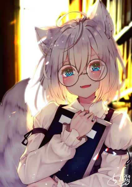 Anime picture 1417x2000 with original chita (ketchup) single tall image looking at viewer blush fringe short hair open mouth blue eyes hair between eyes standing holding signed animal ears silver hair upper body tail long sleeves head tilt