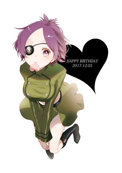 Anime picture 4093x5787 with katekyou hitman reborn chrome dokuro naomato single tall image looking at viewer highres short hair simple background white background purple eyes holding absurdres purple hair full body midriff mouth hold dated happy birthday girl