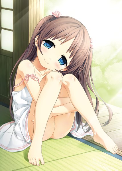 Anime picture 3627x5084 with monobeno sawai natsuha cura single long hair tall image looking at viewer blush fringe highres blue eyes light erotic smile brown hair sitting bare shoulders absurdres full body head tilt barefoot