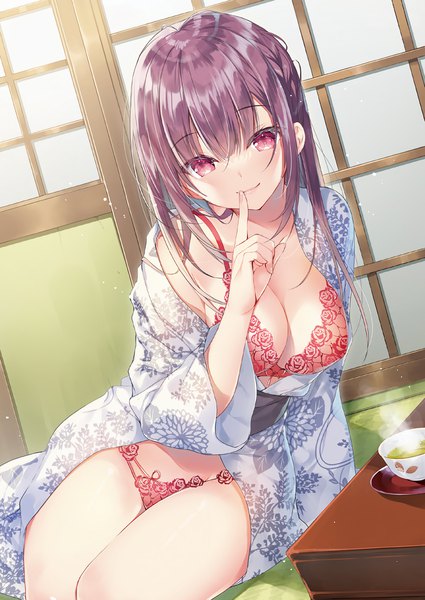 Anime picture 1433x2024 with melonbooks miwabe sakura single long hair tall image looking at viewer fringe breasts light erotic smile large breasts sitting cleavage purple hair indoors blunt bangs traditional clothes japanese clothes pink eyes multicolored hair