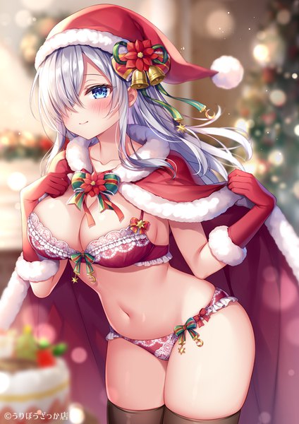 Anime picture 566x800 with original mitsuba choco single long hair tall image looking at viewer blush fringe breasts blue eyes light erotic large breasts standing payot silver hair hair over one eye depth of field fur trim thighs skindentation
