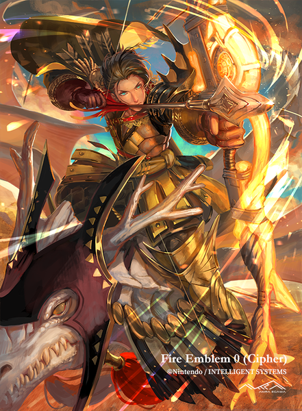 Anime picture 596x811 with fire emblem fire emblem: three houses nintendo claude von riegan egawa akira single tall image short hair brown hair holding green eyes looking away official art copyright name outstretched arm fantasy riding boy gloves weapon