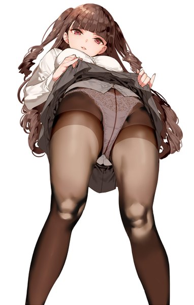 Anime picture 800x1257 with original saburou (hgmg) single long hair tall image looking at viewer fringe breasts light erotic simple background red eyes brown hair standing white background blunt bangs parted lips head tilt pleated skirt from below two side up