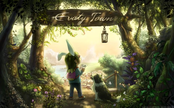 Anime picture 1920x1200 with evaty (artist) highres wide image bunny ears city landscape flower (flowers) plant (plants) animal tree (trees) insect butterfly bag forest lantern dog