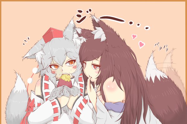 Anime picture 1800x1200 with touhou inubashiri momiji imaizumi kagerou cube85 long hair highres simple background red eyes brown hair bare shoulders multiple girls animal ears yellow eyes tail long sleeves animal tail grey hair off shoulder wide sleeves fang (fangs)