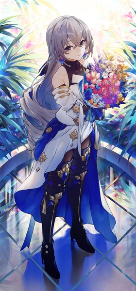Anime picture 1916x4106 with honkai: star rail honkai (series) bronya rand swkl:d single long hair tall image looking at viewer fringe highres smile hair between eyes standing bare shoulders holding full body outdoors from above grey hair grey eyes